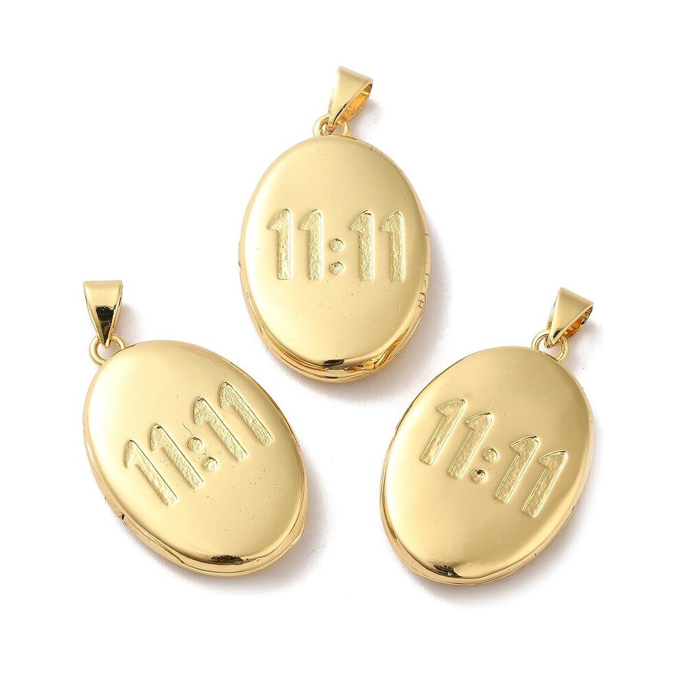 4644 5Pcs Brass Number 11 Locket Charms Gold Plated Oval Round Photo Frame